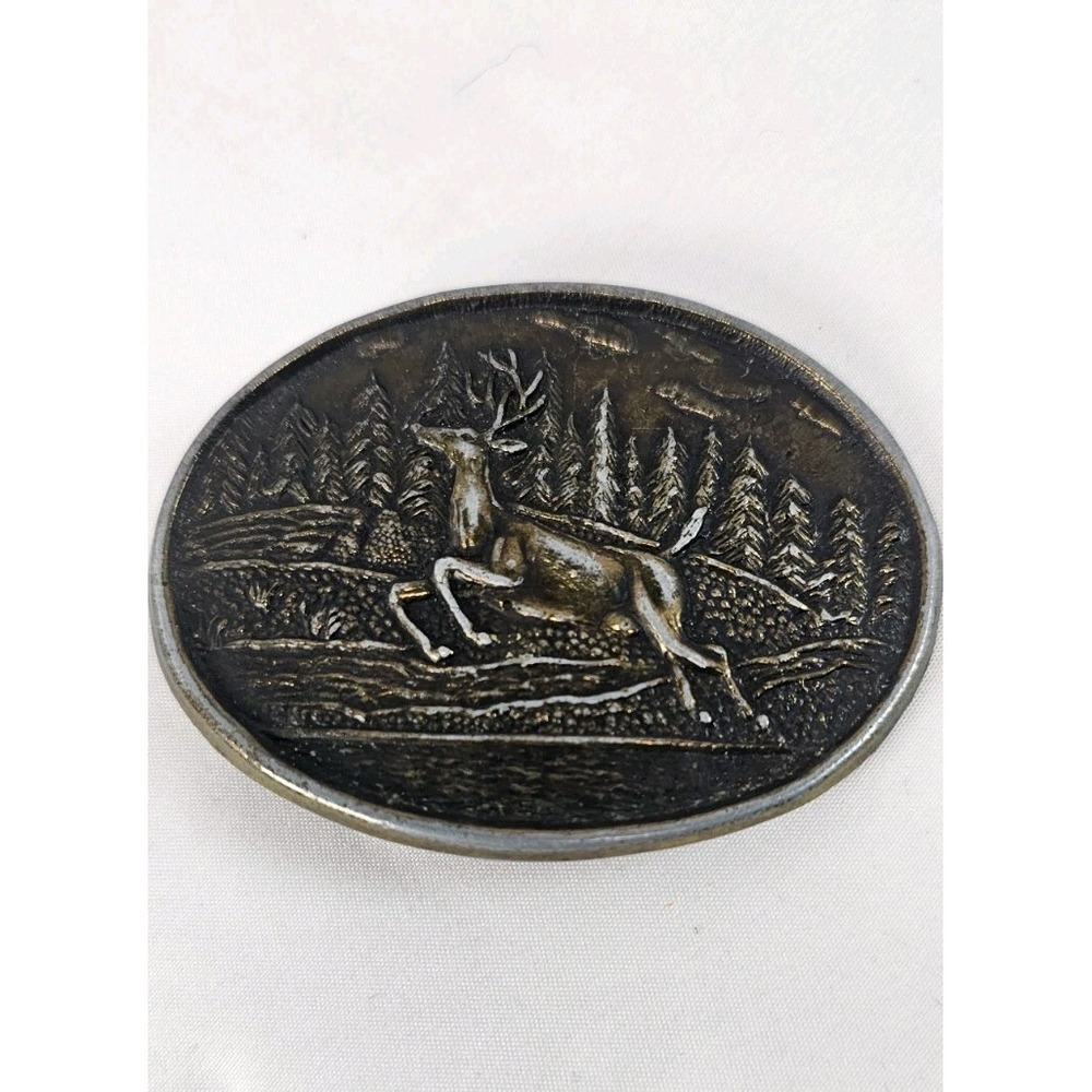 VTG Deer Belt Buckle Running Buck‎ Forest Hunting Brass Tone Western 3" x 2.25"
